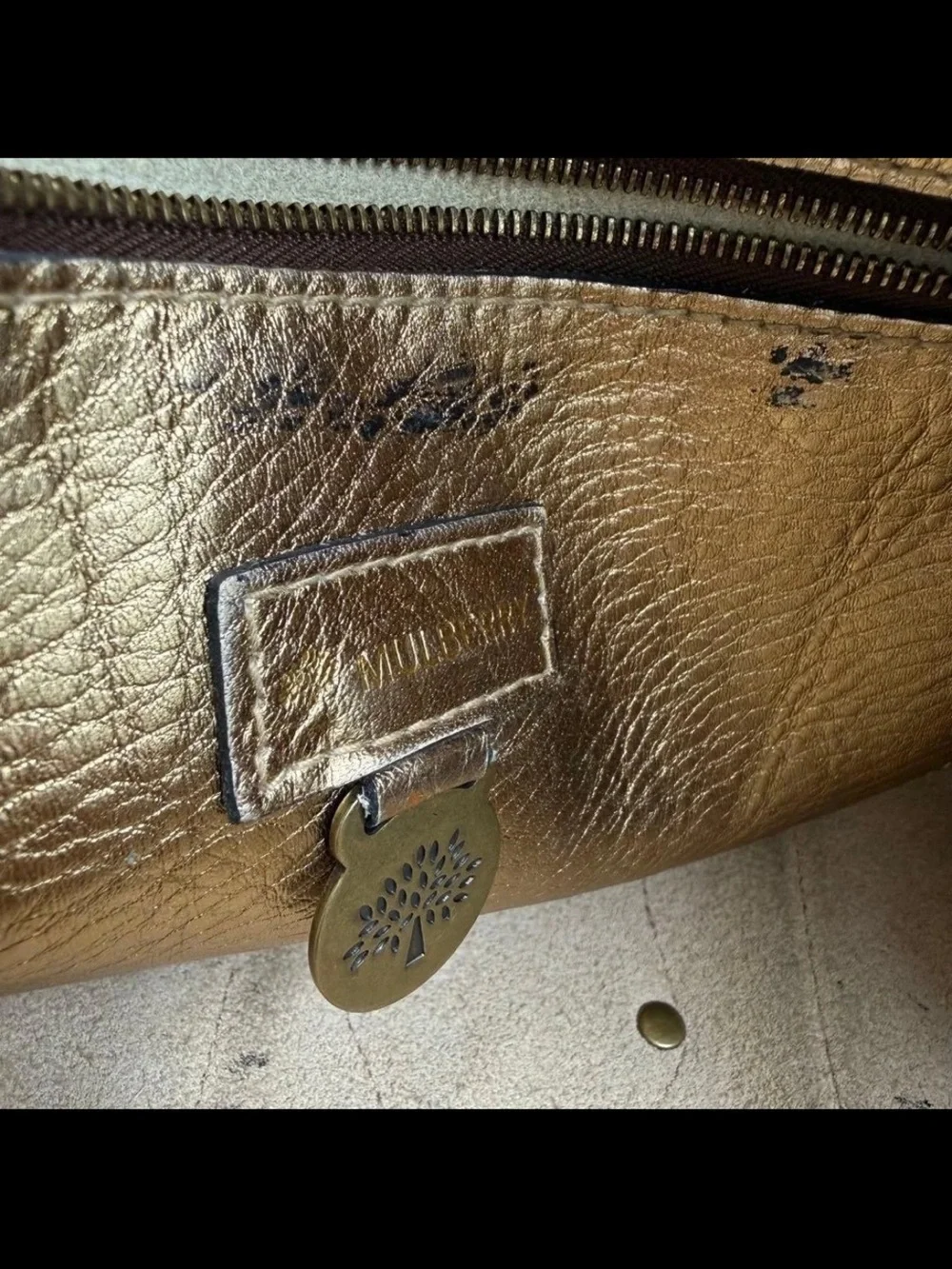 Mulberry Metallic Gold Leather Satchel with Buckle Pockets